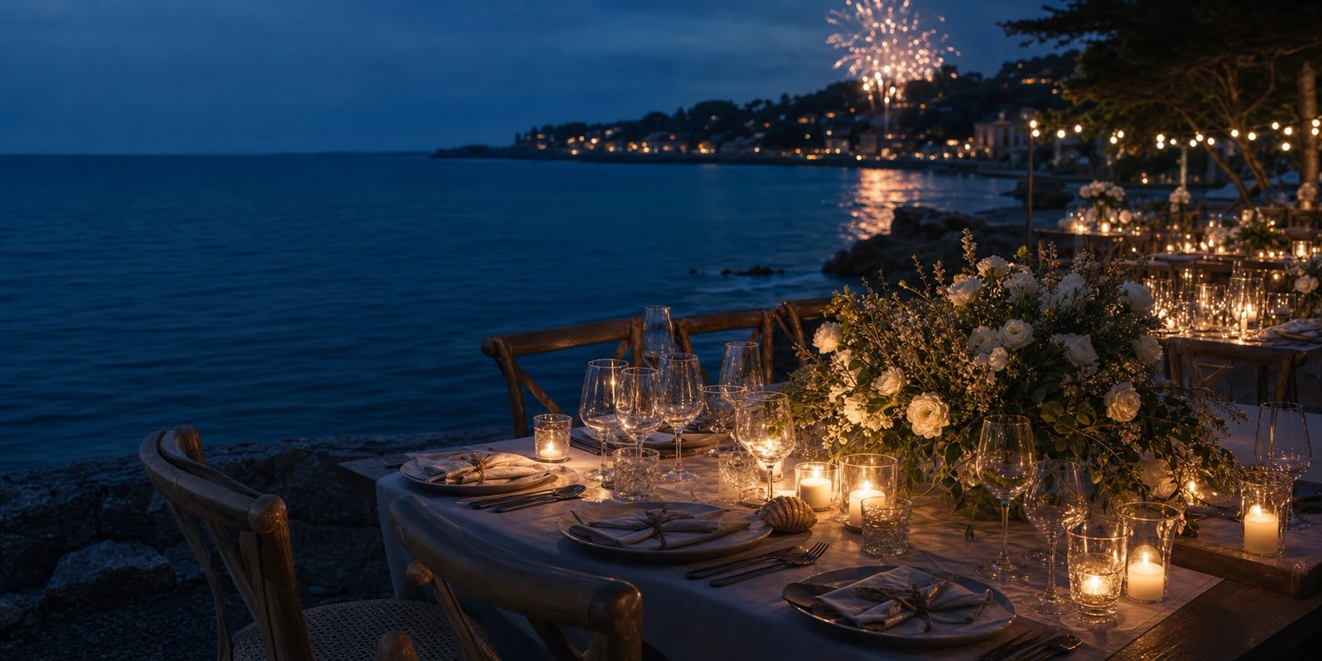 Réception nocturne au bord de mer — table dressée, bougies et feux d'artifice