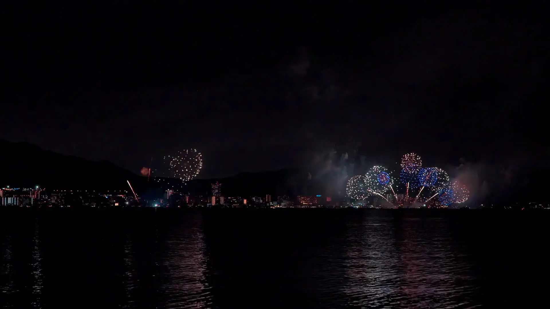 Feux d’artifice et reflets sur l’eau pendant une soirée